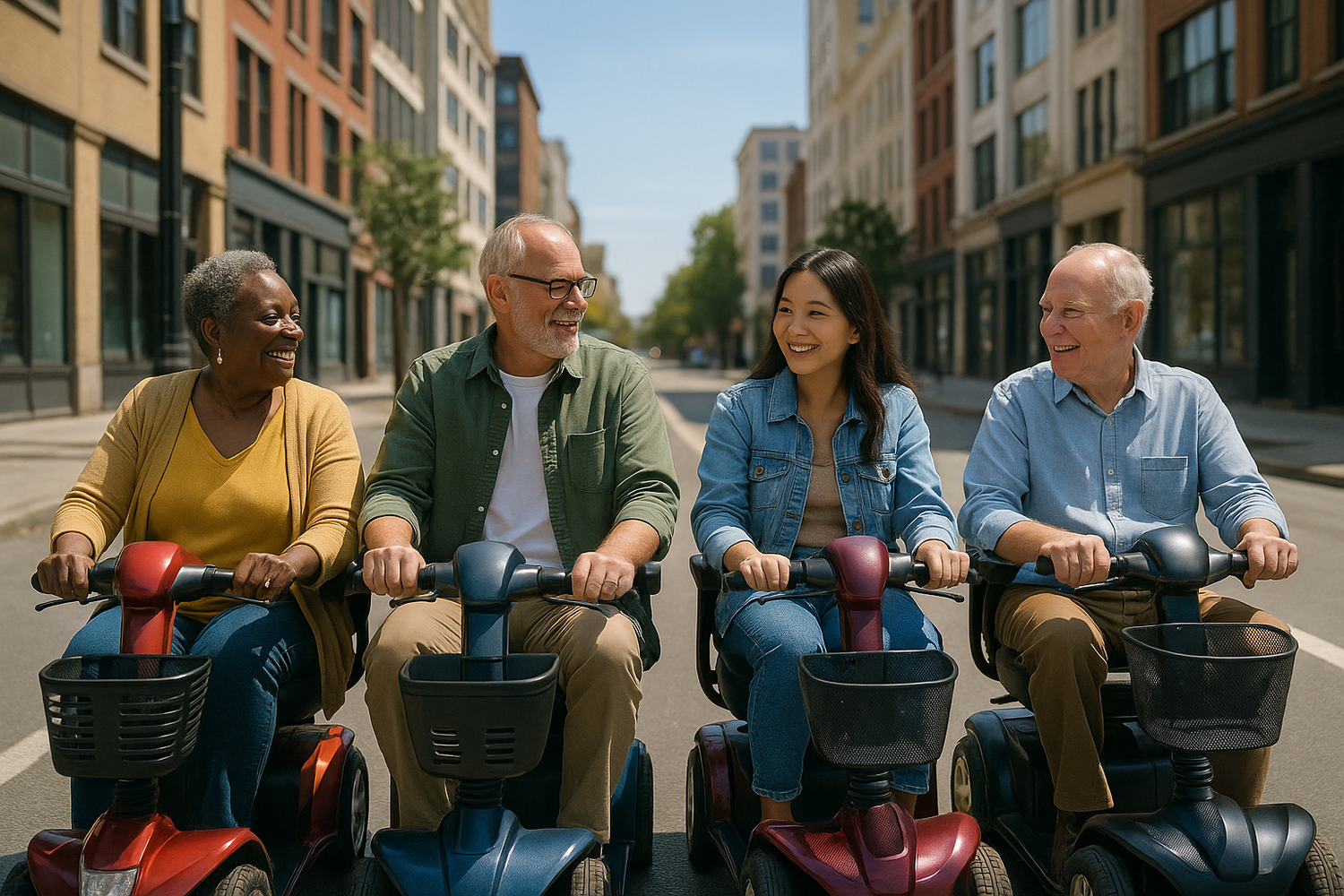 a group all on mobility scooters riding in the street