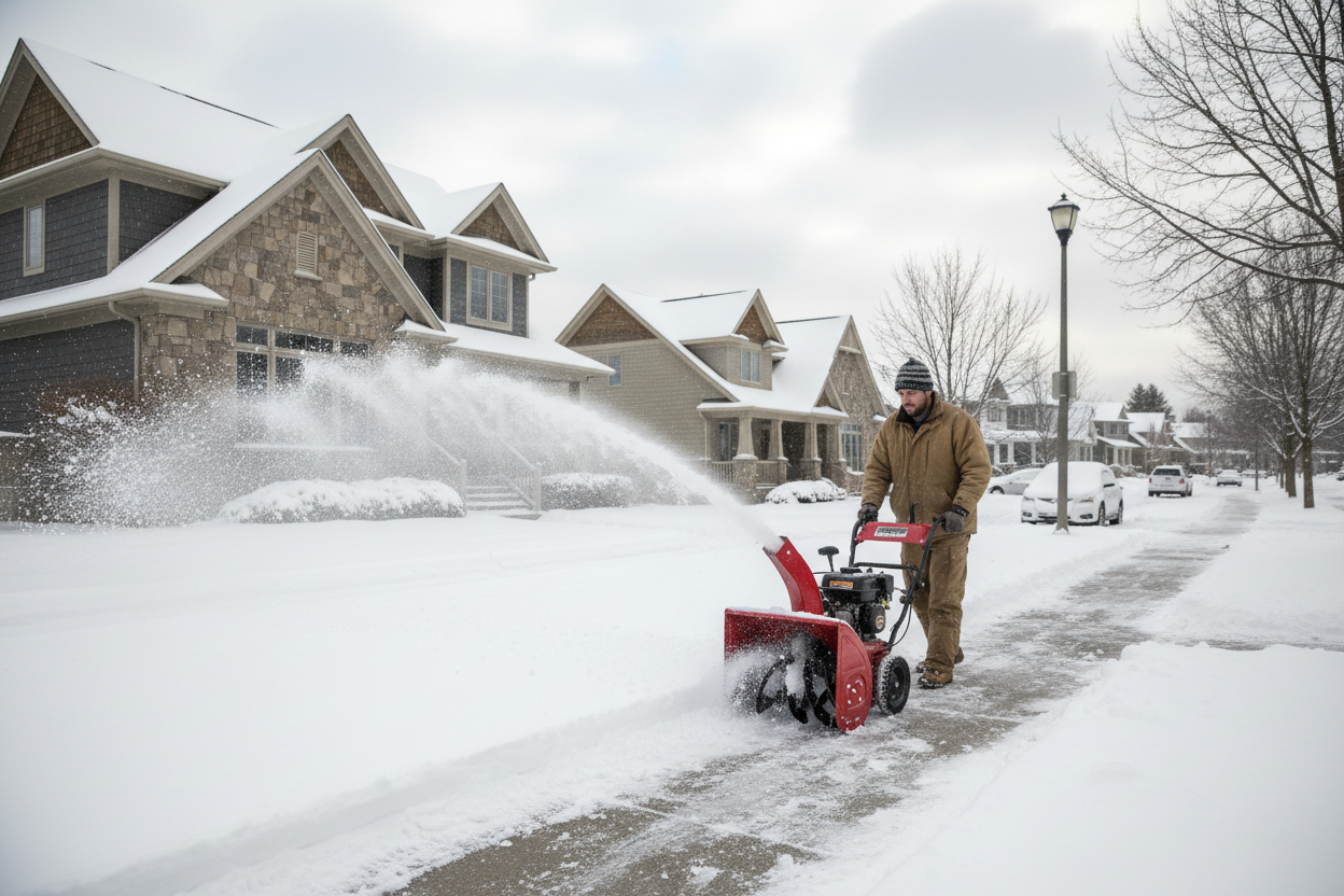 man using snowblower on sidewalk in front of house